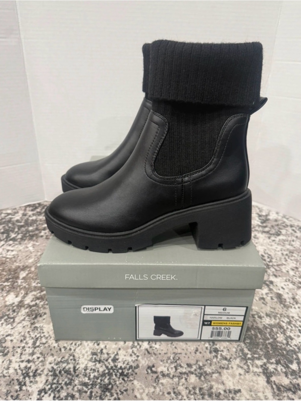 Falls Creek Harlow Black Knit Cuff Platform Ankle Boots Women’s Size 6 NWT